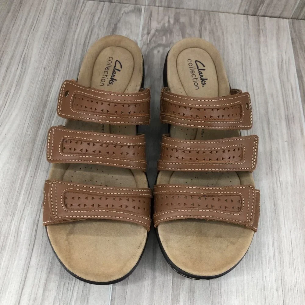 Clarks Sandals Womens 8N Brown Leather Slip On Hook and Loop Shoes